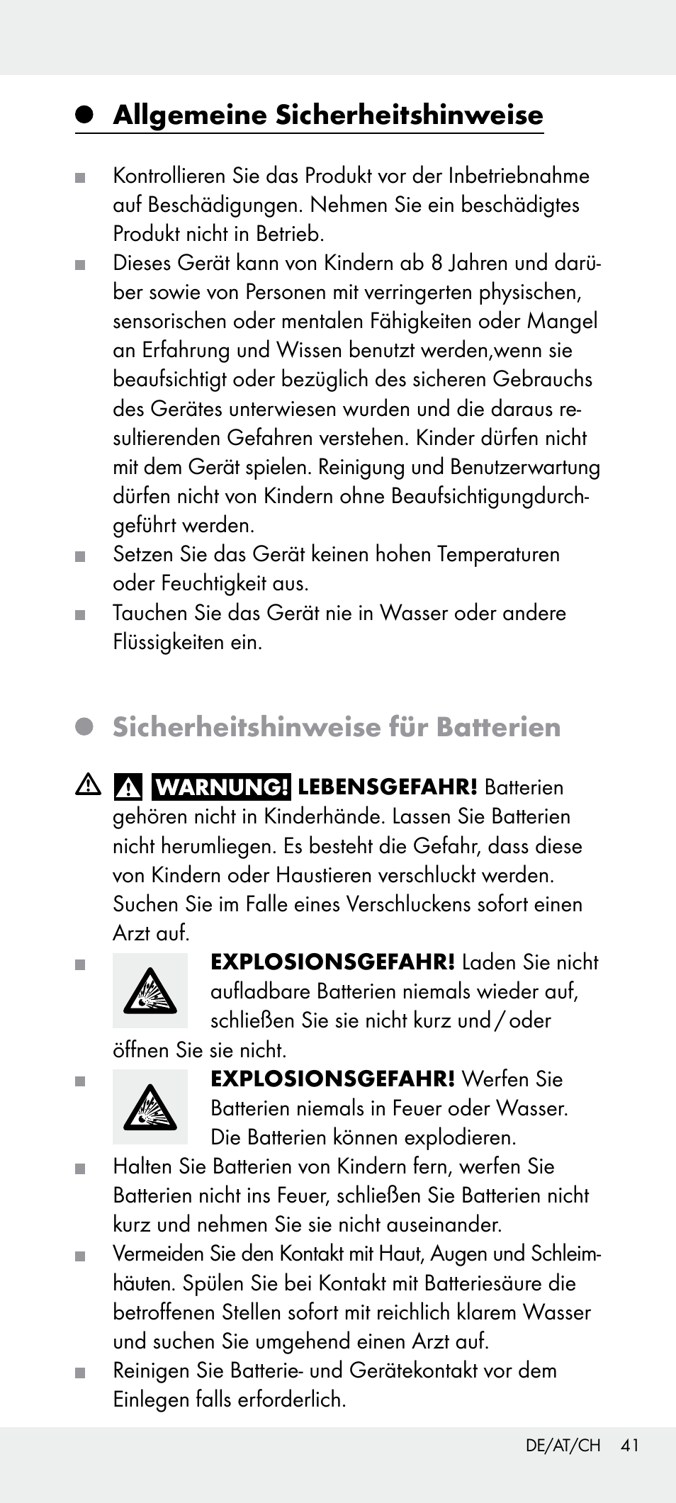 Allgemeine sicherheitshinweise, Sicherheitshinweise für batterien | Livarno Z31240 User Manual | Page 41 / 45