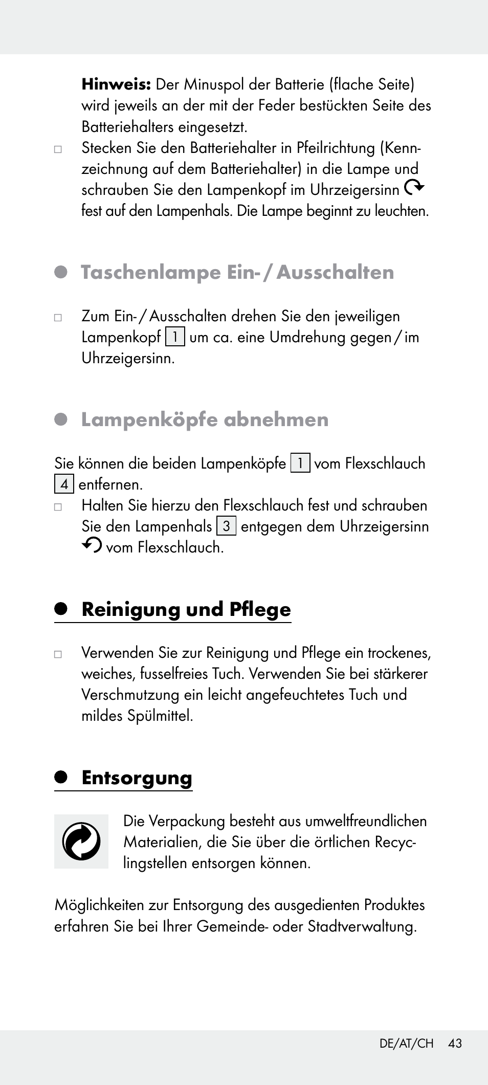 Taschenlampe ein- / ausschalten, Lampenköpfe abnehmen, Reinigung und pflege | Entsorgung | Livarno Z31240 User Manual | Page 43 / 45