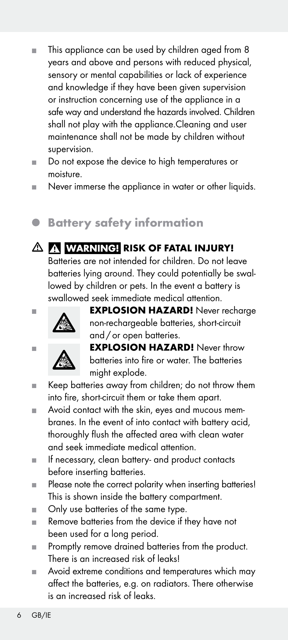 Battery safety information | Livarno Z31240 User Manual | Page 6 / 45