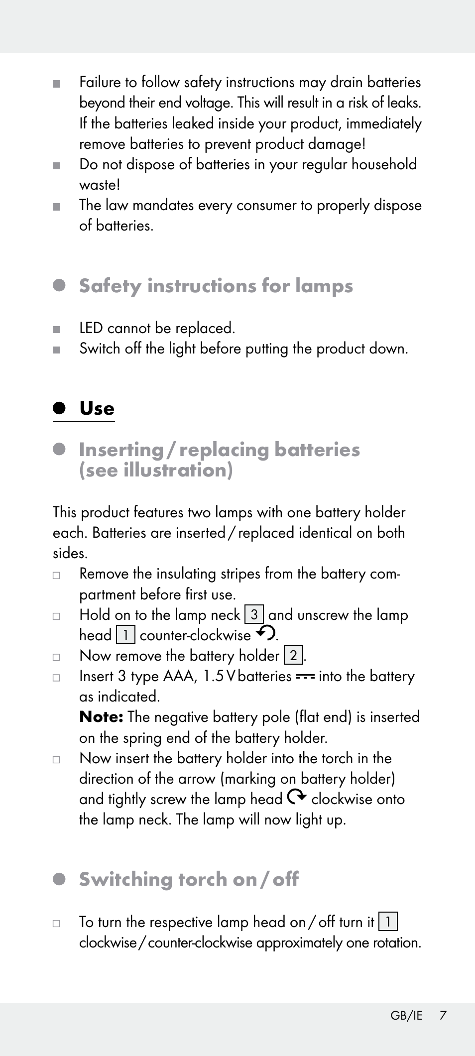 Safety instructions for lamps, Switching torch on / off | Livarno Z31240 User Manual | Page 7 / 45