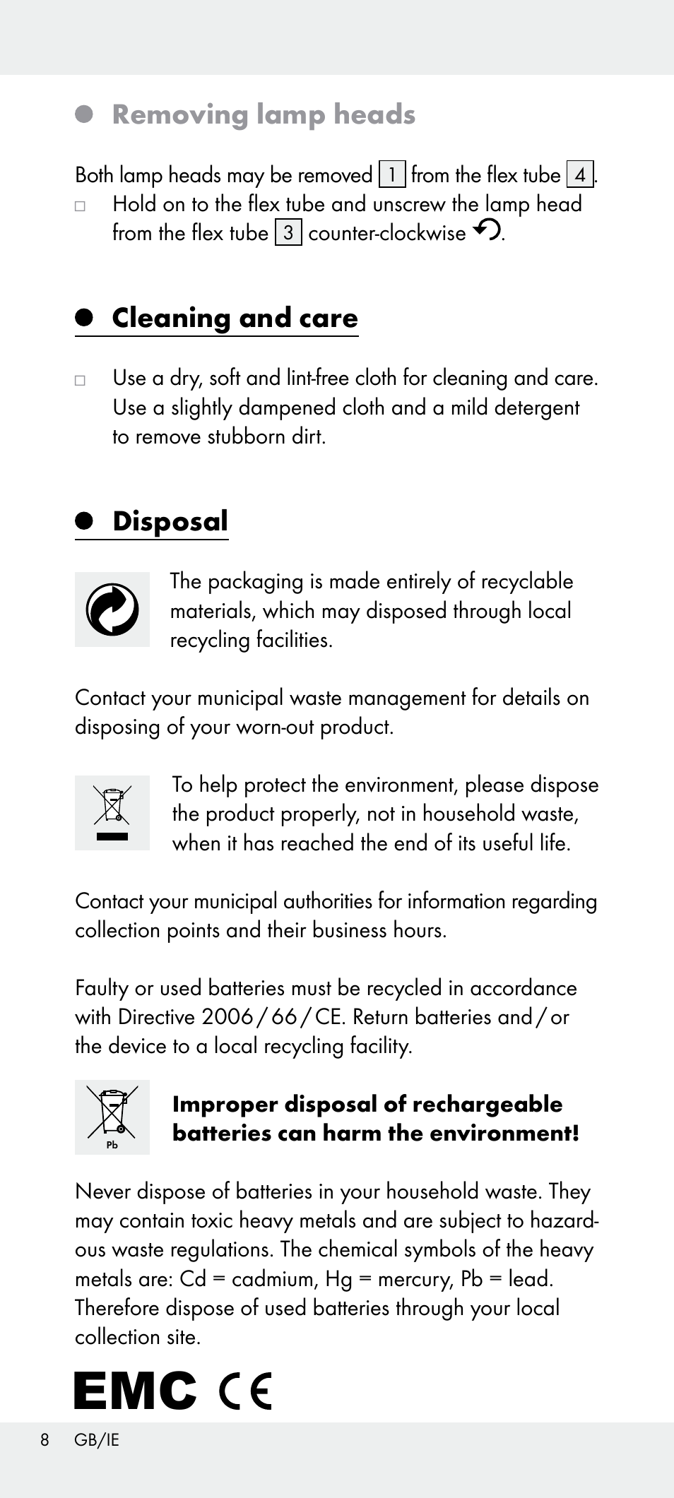 Removing lamp heads, Cleaning and care, Disposal | Livarno Z31240 User Manual | Page 8 / 45