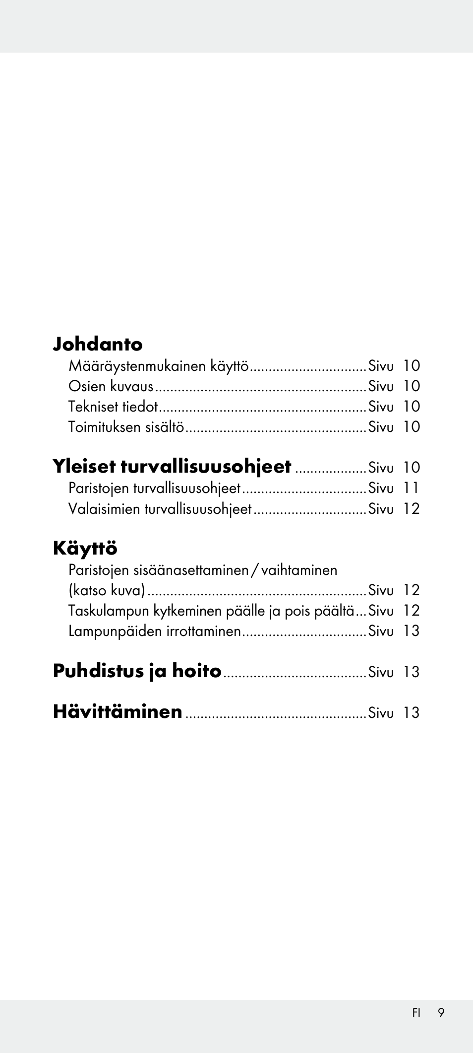 Johdanto, Yleiset turvallisuusohjeet, Käyttö | Puhdistus ja hoito, Hävittäminen | Livarno Z31240 User Manual | Page 9 / 45