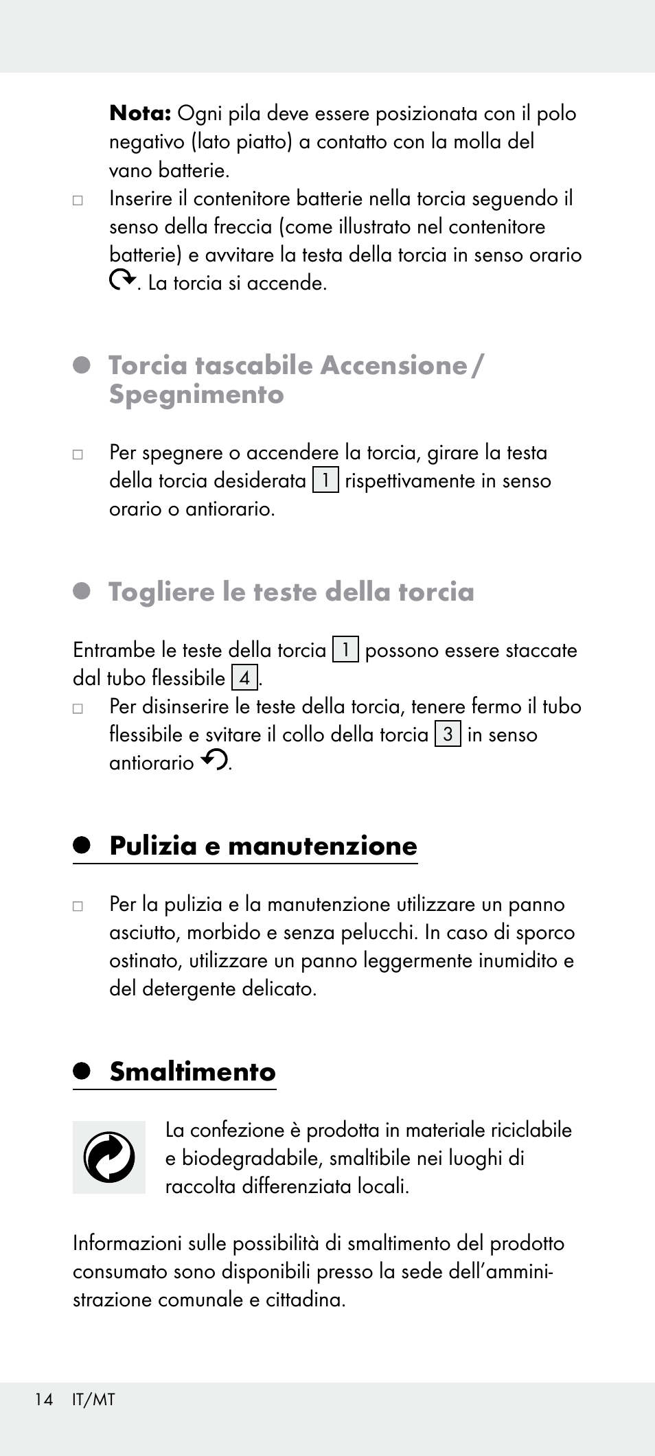 Torcia tascabile accensione / spegnimento, Togliere le teste della torcia, Pulizia e manutenzione | Smaltimento | Livarno Z31240 User Manual | Page 14 / 33