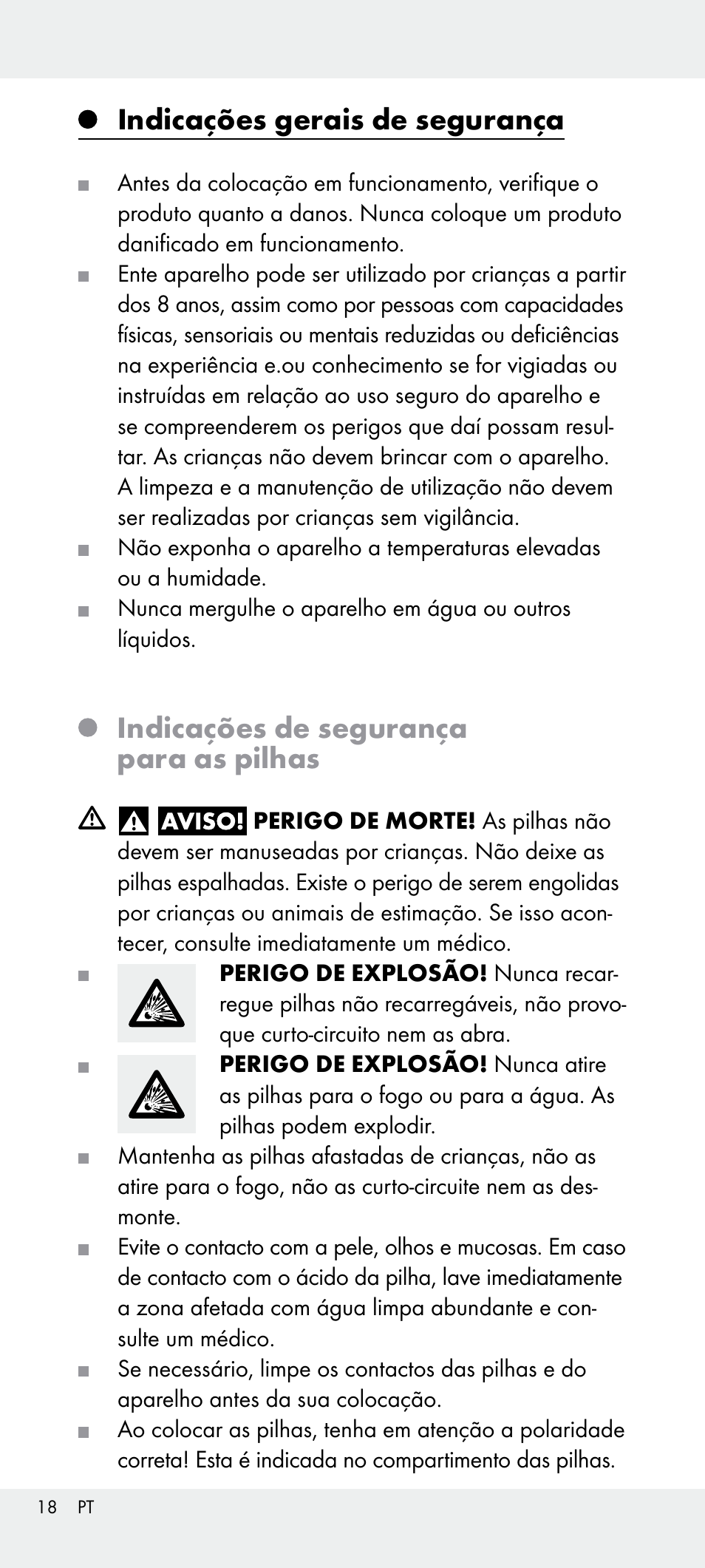 Indicações gerais de segurança, Indicações de segurança para as pilhas | Livarno Z31240 User Manual | Page 18 / 33