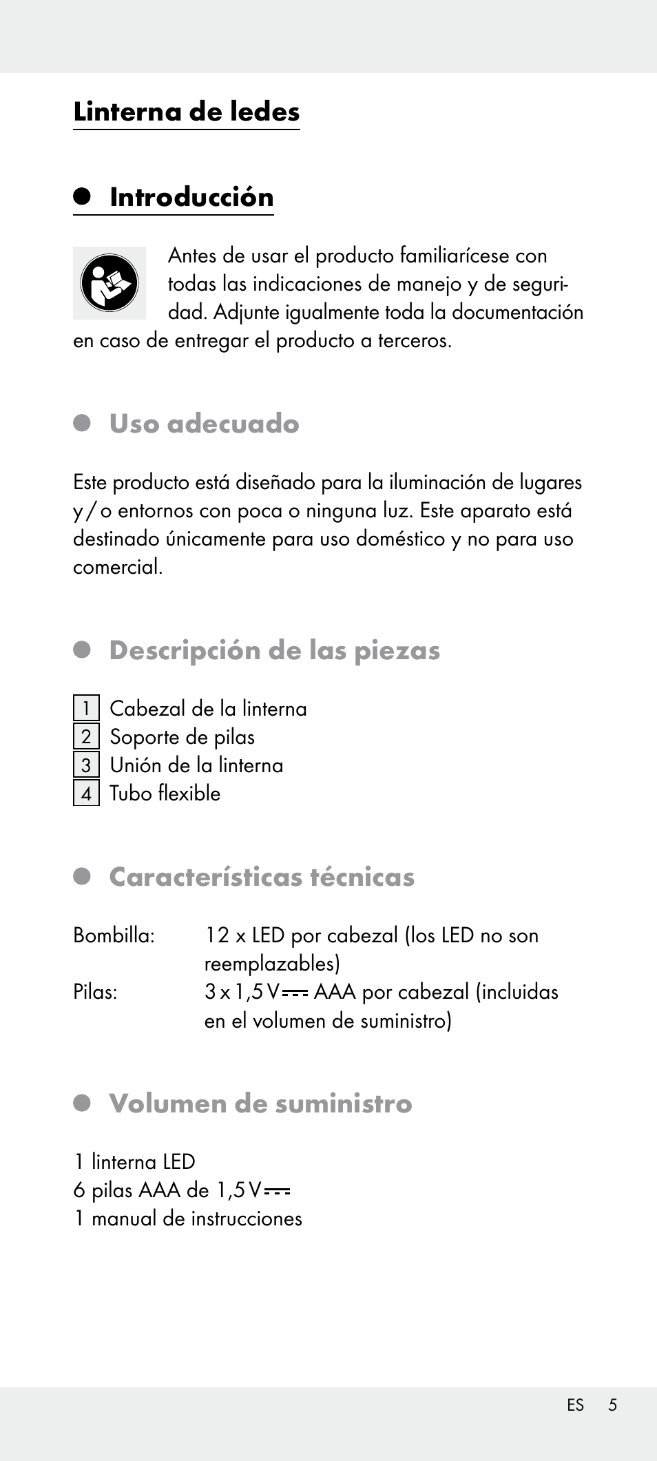 Linterna de ledes introducción, Uso adecuado, Descripción de las piezas | Características técnicas, Volumen de suministro | Livarno Z31240 User Manual | Page 5 / 33