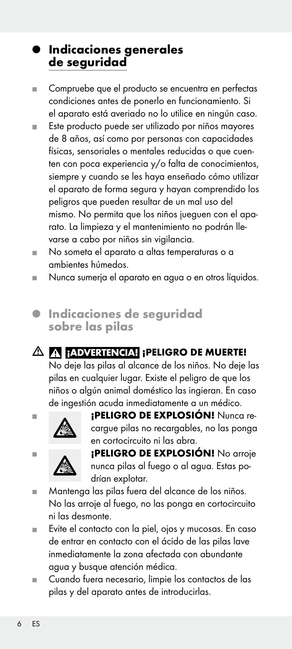 Indicaciones generales de seguridad, Indicaciones de seguridad sobre las pilas | Livarno Z31240 User Manual | Page 6 / 33