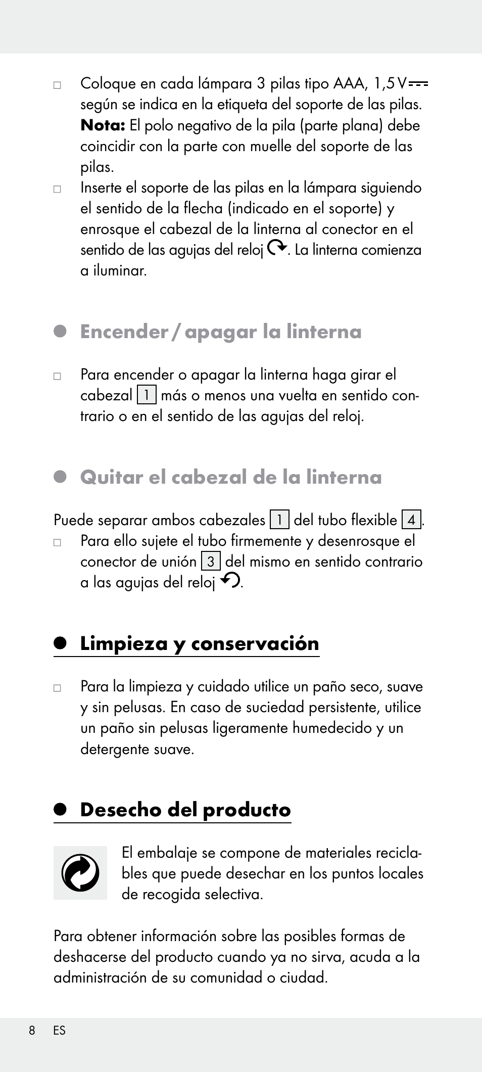 Encender / apagar la linterna, Quitar el cabezal de la linterna, Limpieza y conservación | Desecho del producto | Livarno Z31240 User Manual | Page 8 / 33