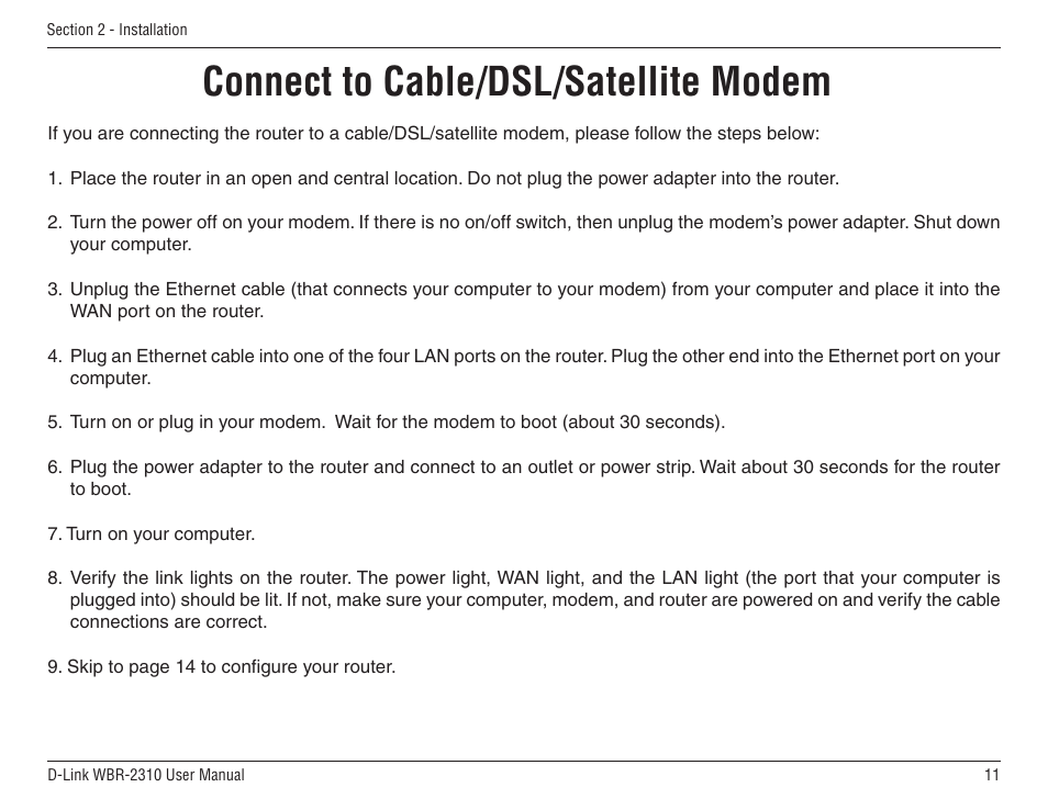Connect to cable/dsl/satellite modem | D-Link WBR-2310 User Manual | Page 11 / 78
