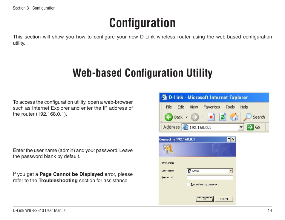 Conﬁguration, Web-based conﬁguration utility | D-Link WBR-2310 User Manual | Page 14 / 78