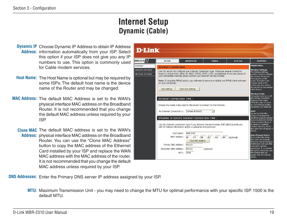 Internet setup, Dynamic (cable) | D-Link WBR-2310 User Manual | Page 19 / 78