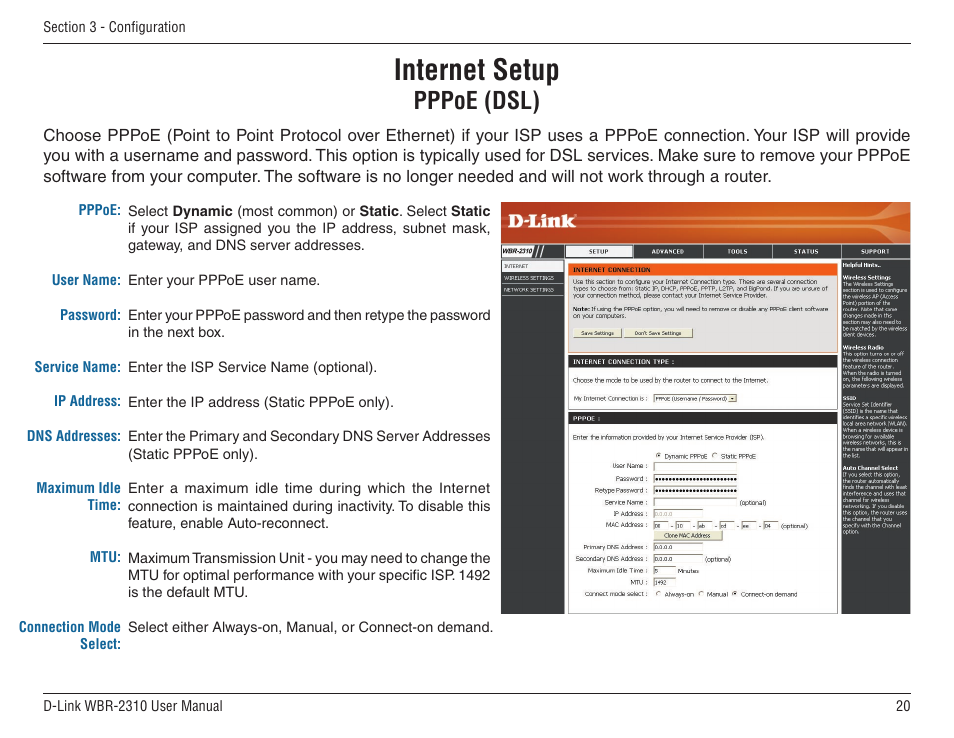 Pppoe (dsl), Internet setup | D-Link WBR-2310 User Manual | Page 20 / 78