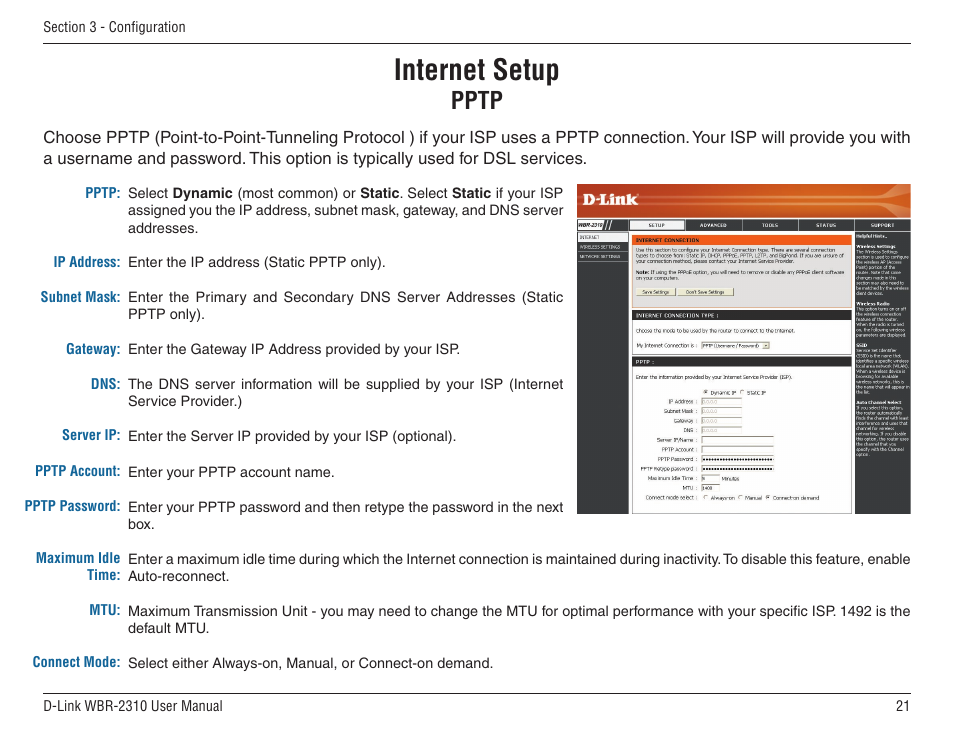 Pptp, Internet setup | D-Link WBR-2310 User Manual | Page 21 / 78