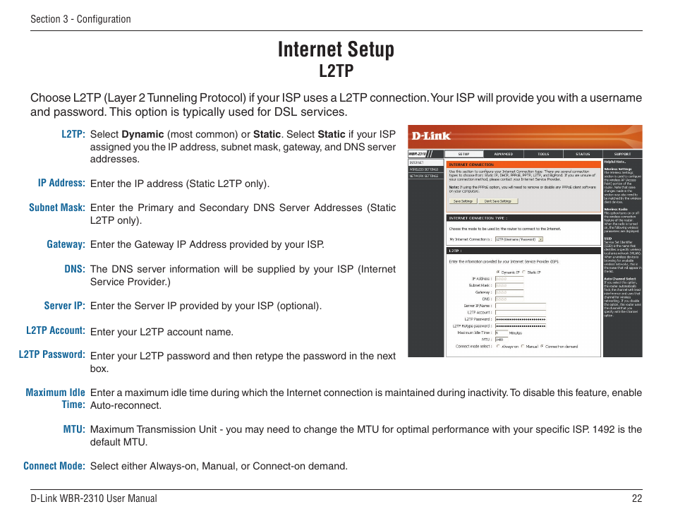 L2tp, Internet setup | D-Link WBR-2310 User Manual | Page 22 / 78