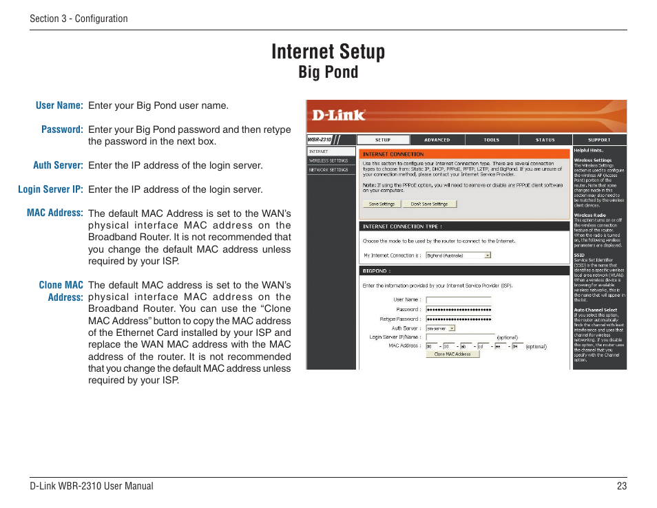 Big pond, Internet setup | D-Link WBR-2310 User Manual | Page 23 / 78