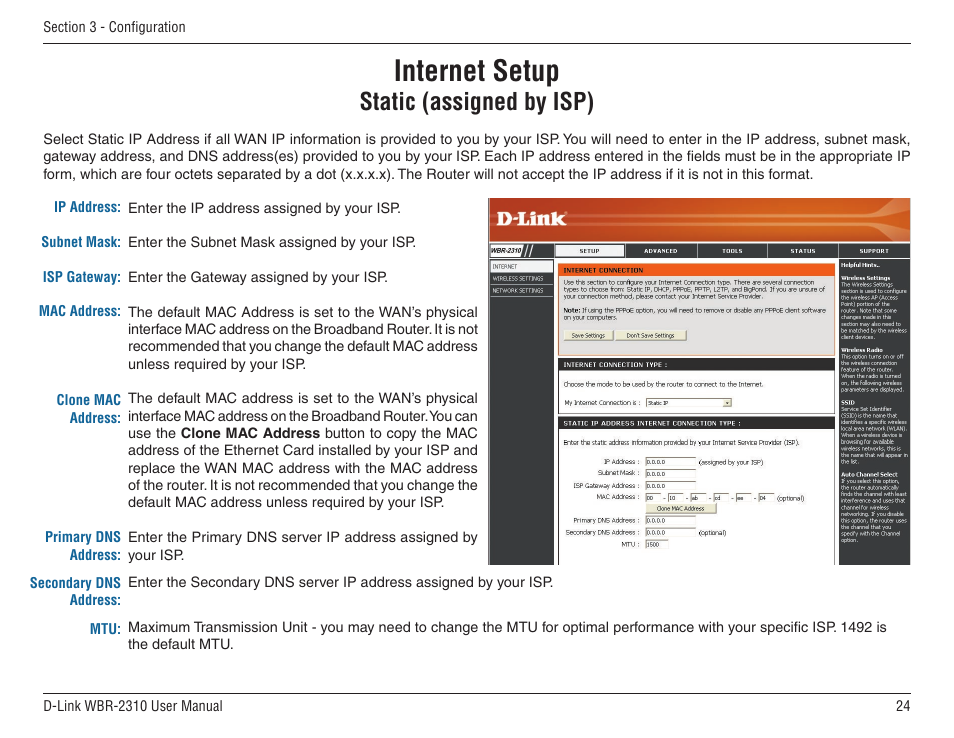Static (assigned by isp), Internet setup | D-Link WBR-2310 User Manual | Page 24 / 78