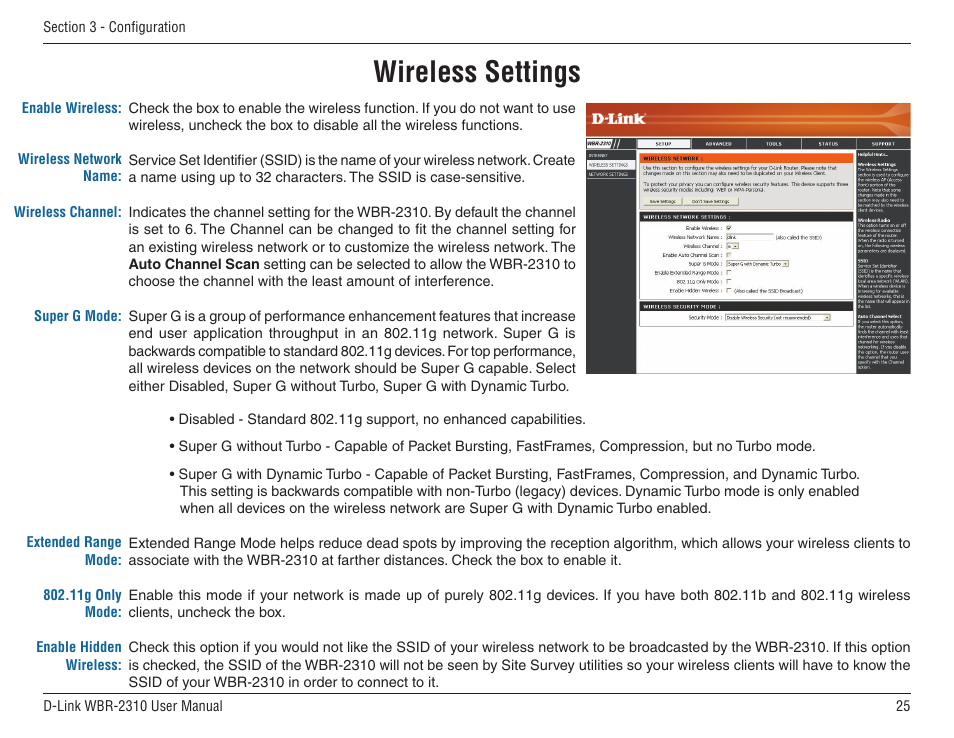 Wireless settings | D-Link WBR-2310 User Manual | Page 25 / 78