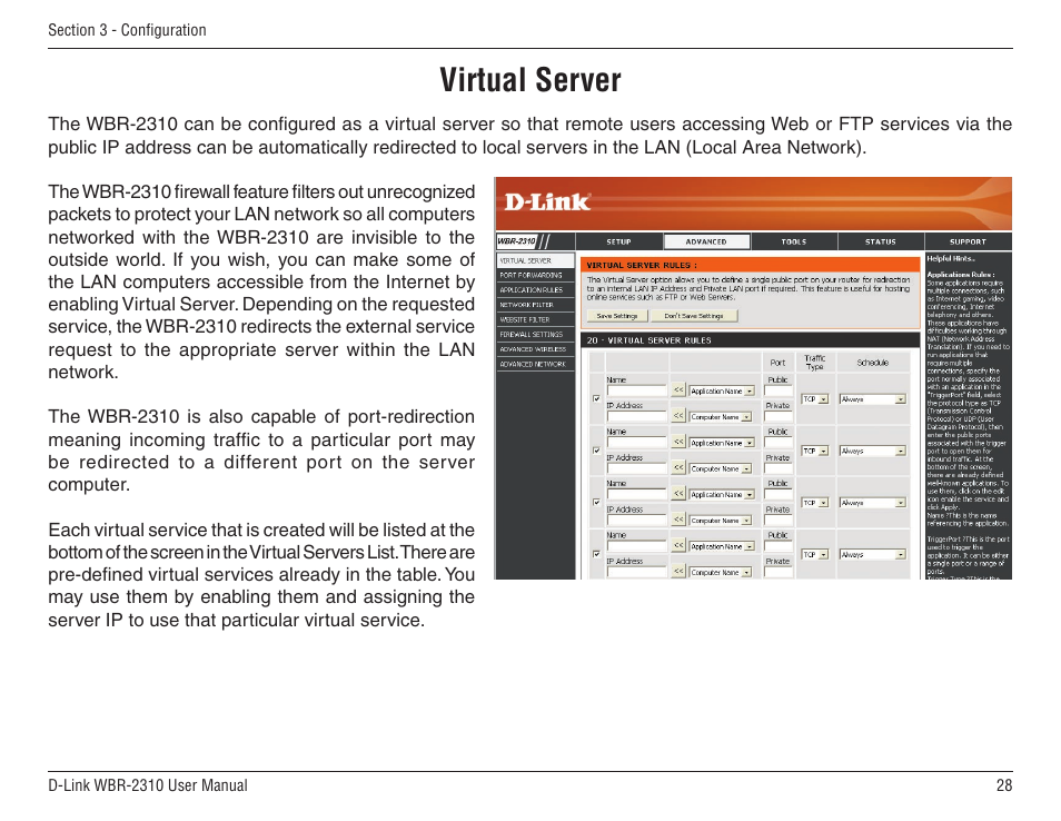 Virtual server | D-Link WBR-2310 User Manual | Page 28 / 78