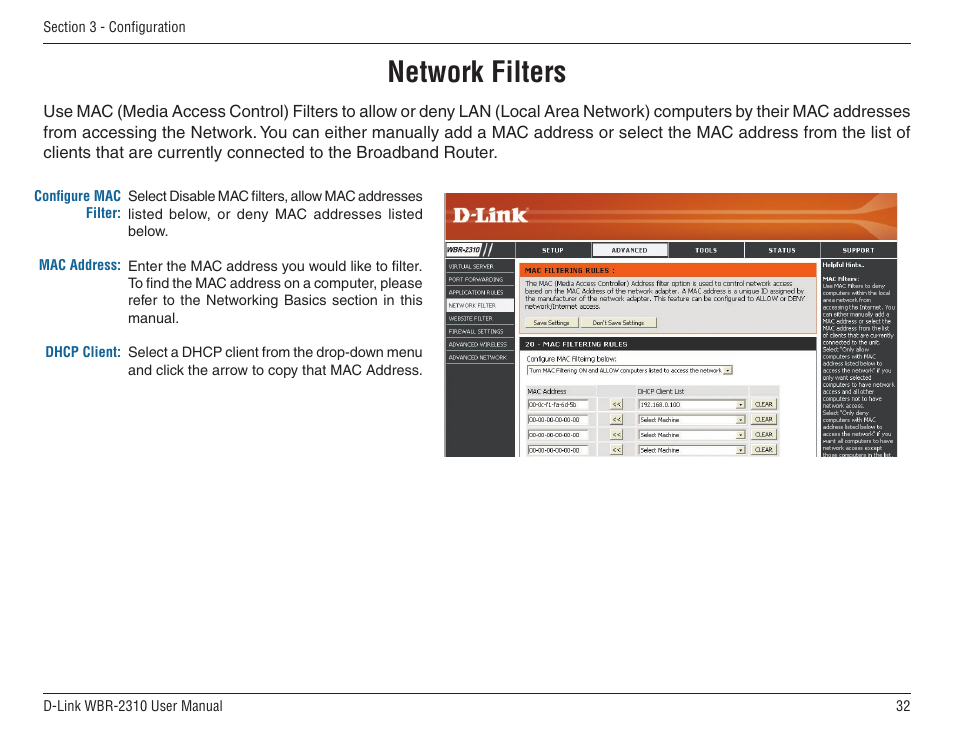 Network filters | D-Link WBR-2310 User Manual | Page 32 / 78