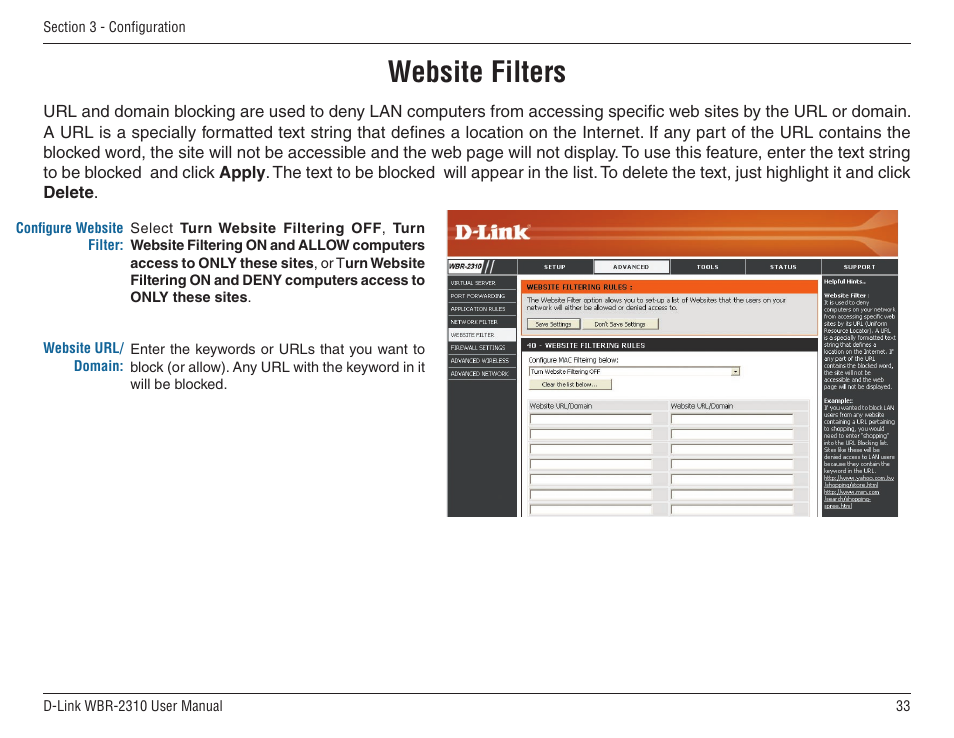 Website filters | D-Link WBR-2310 User Manual | Page 33 / 78