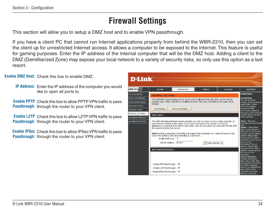 Firewall settings, Dmz host vpn passthrough | D-Link WBR-2310 User Manual | Page 34 / 78