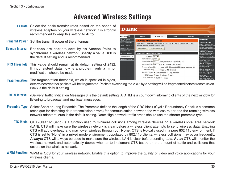 Advanced wireless settings, Tx rate preamble wmm mode | D-Link WBR-2310 User Manual | Page 35 / 78