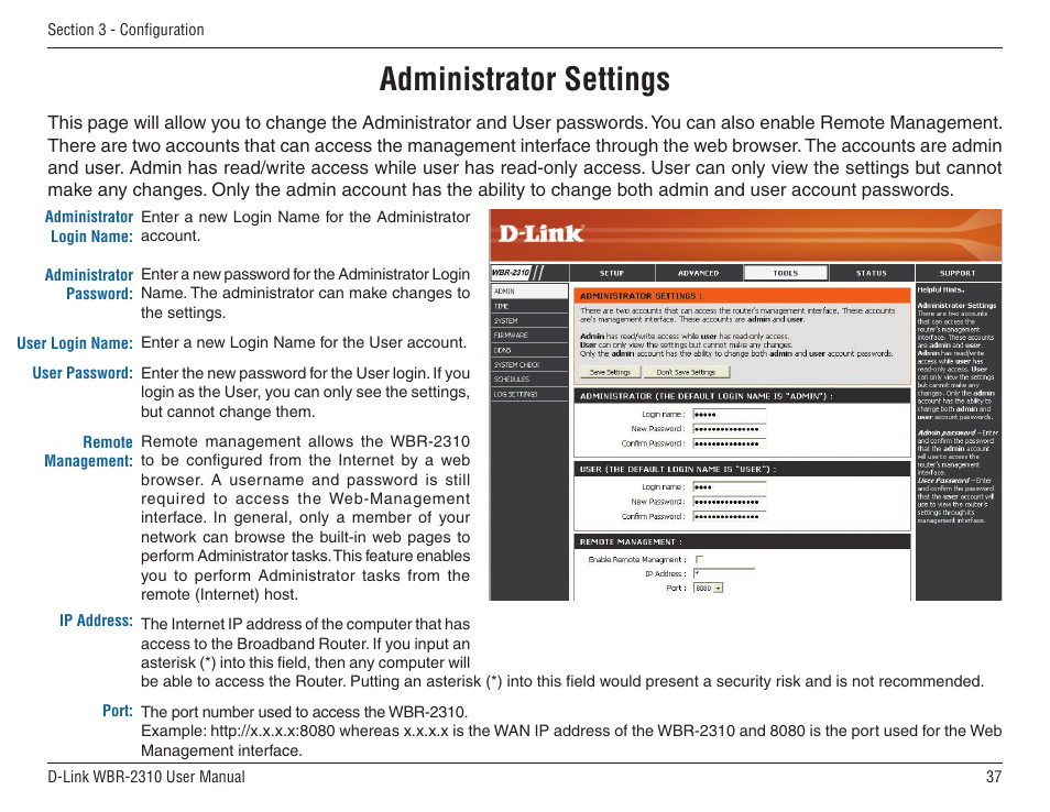 Administrator settings | D-Link WBR-2310 User Manual | Page 37 / 78