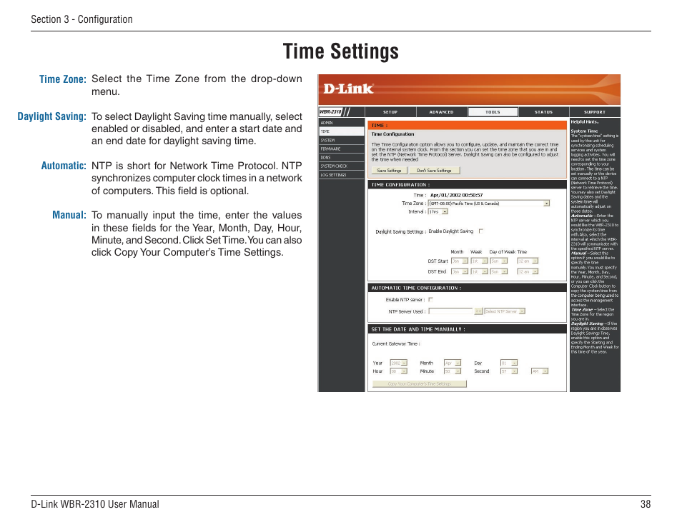 Time settings | D-Link WBR-2310 User Manual | Page 38 / 78