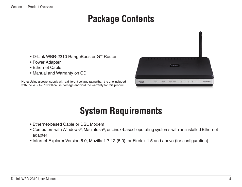 Product overview, Package contents system requirements, System requirements | Package contents | D-Link WBR-2310 User Manual | Page 4 / 78