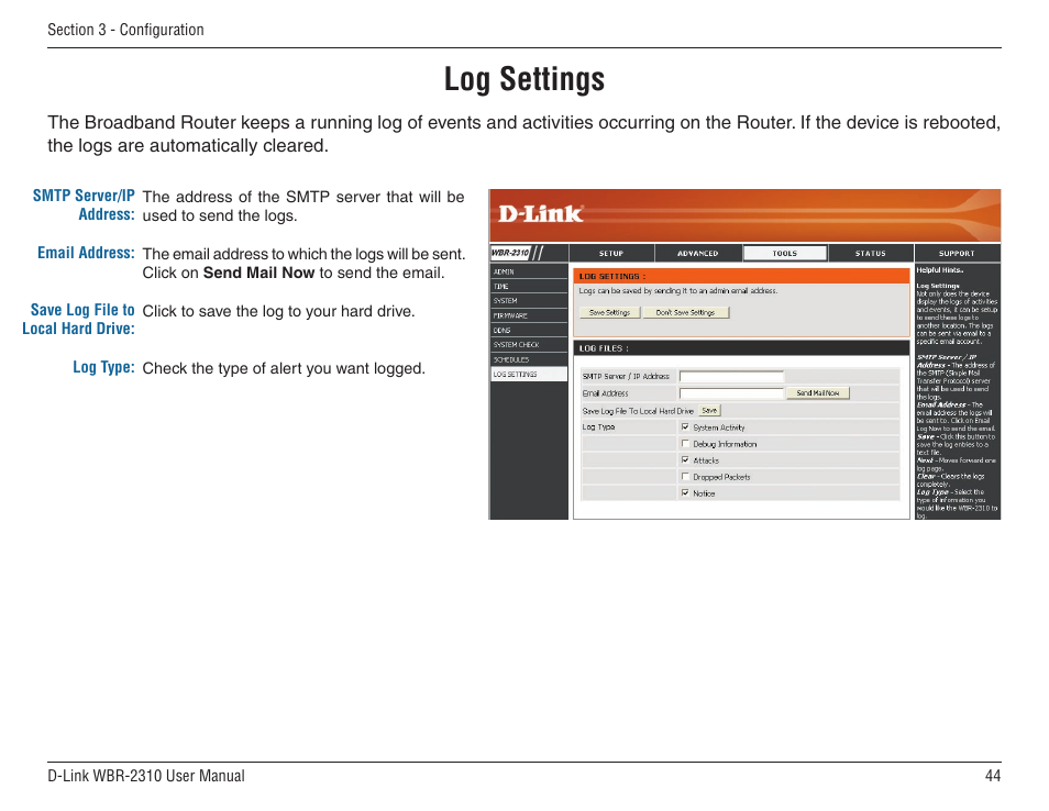Log settings | D-Link WBR-2310 User Manual | Page 44 / 78