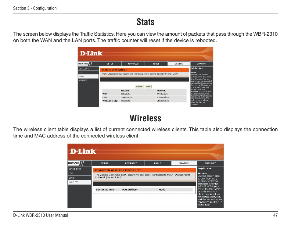 Stats wireless, Stats, Wireless | D-Link WBR-2310 User Manual | Page 47 / 78