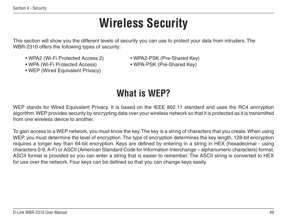 Wireless security, What is wep | D-Link WBR-2310 User Manual | Page 49 / 78