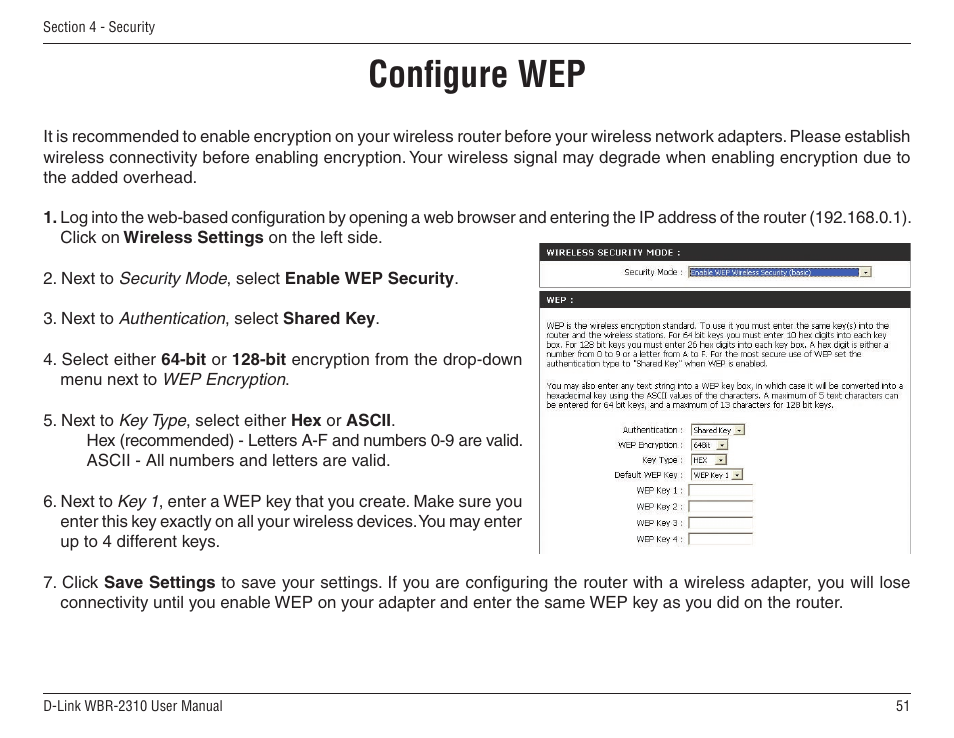 Conﬁgure wep | D-Link WBR-2310 User Manual | Page 51 / 78