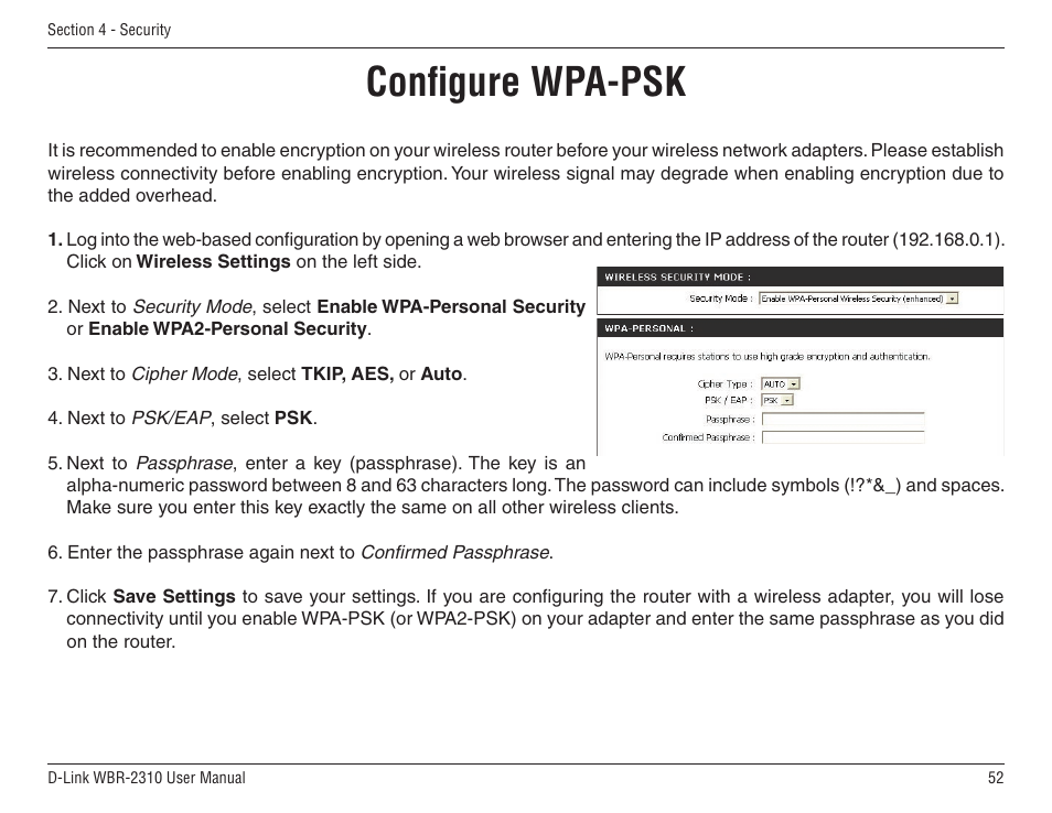 Conﬁgure wpa-psk | D-Link WBR-2310 User Manual | Page 52 / 78