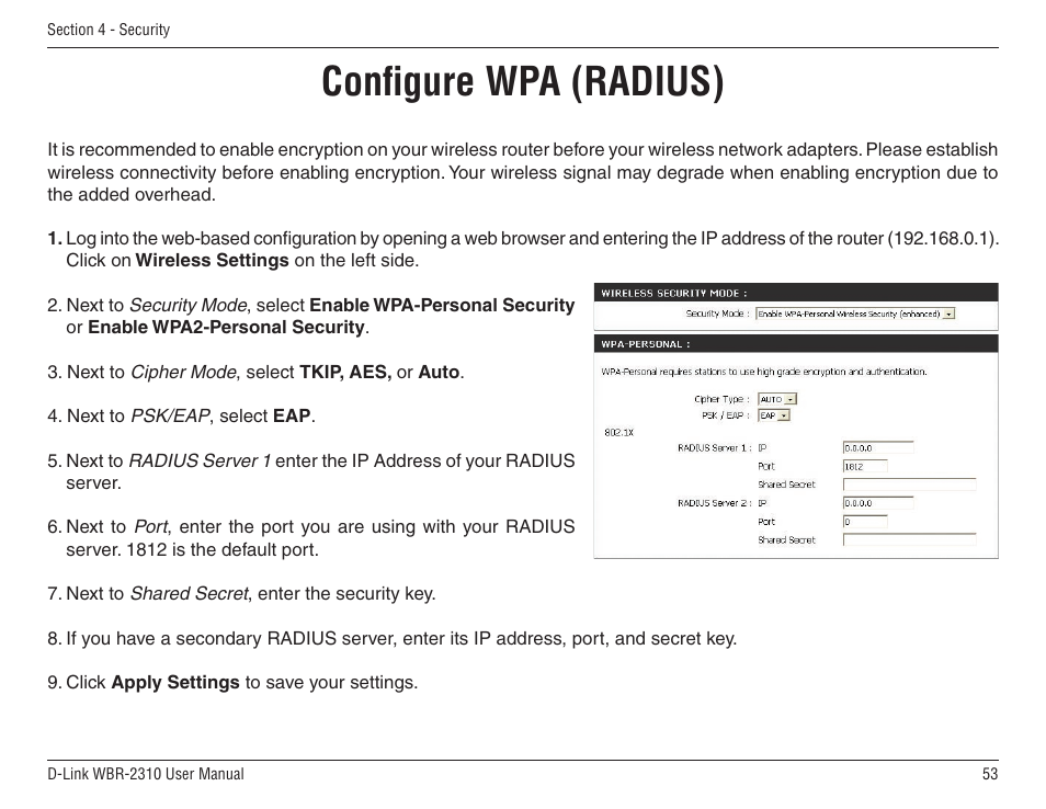 Conﬁgure wpa (radius) | D-Link WBR-2310 User Manual | Page 53 / 78