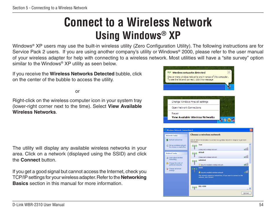 Connect to a wireless network, Using windows | D-Link WBR-2310 User Manual | Page 54 / 78