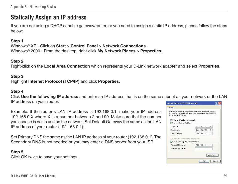 Statically assign an ip address | D-Link WBR-2310 User Manual | Page 69 / 78