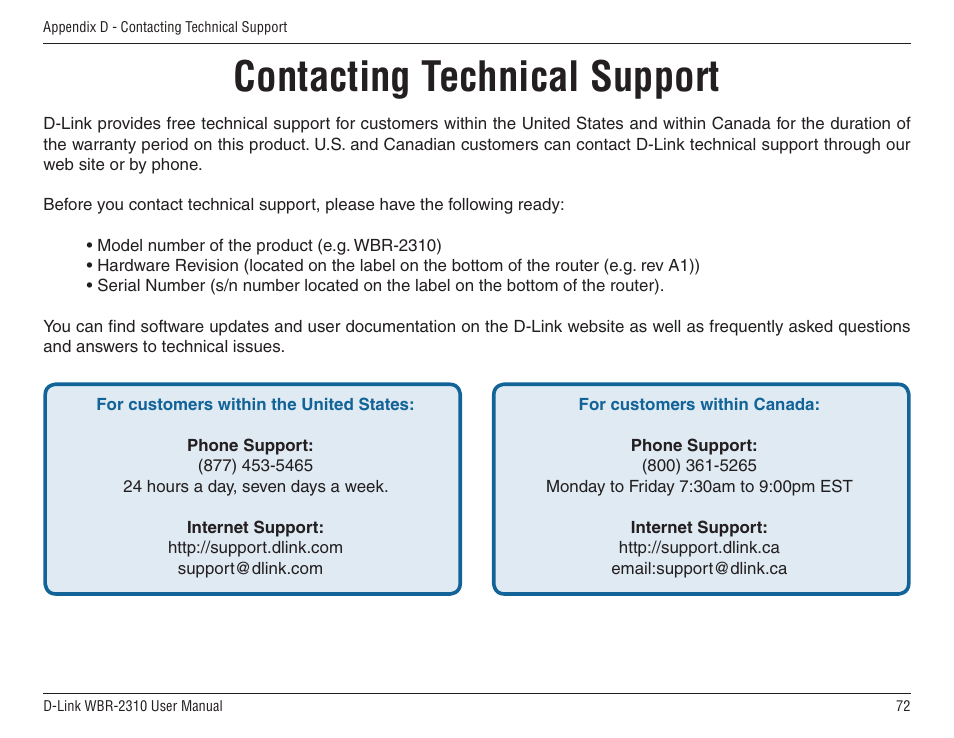 Contacting technical support | D-Link WBR-2310 User Manual | Page 72 / 78