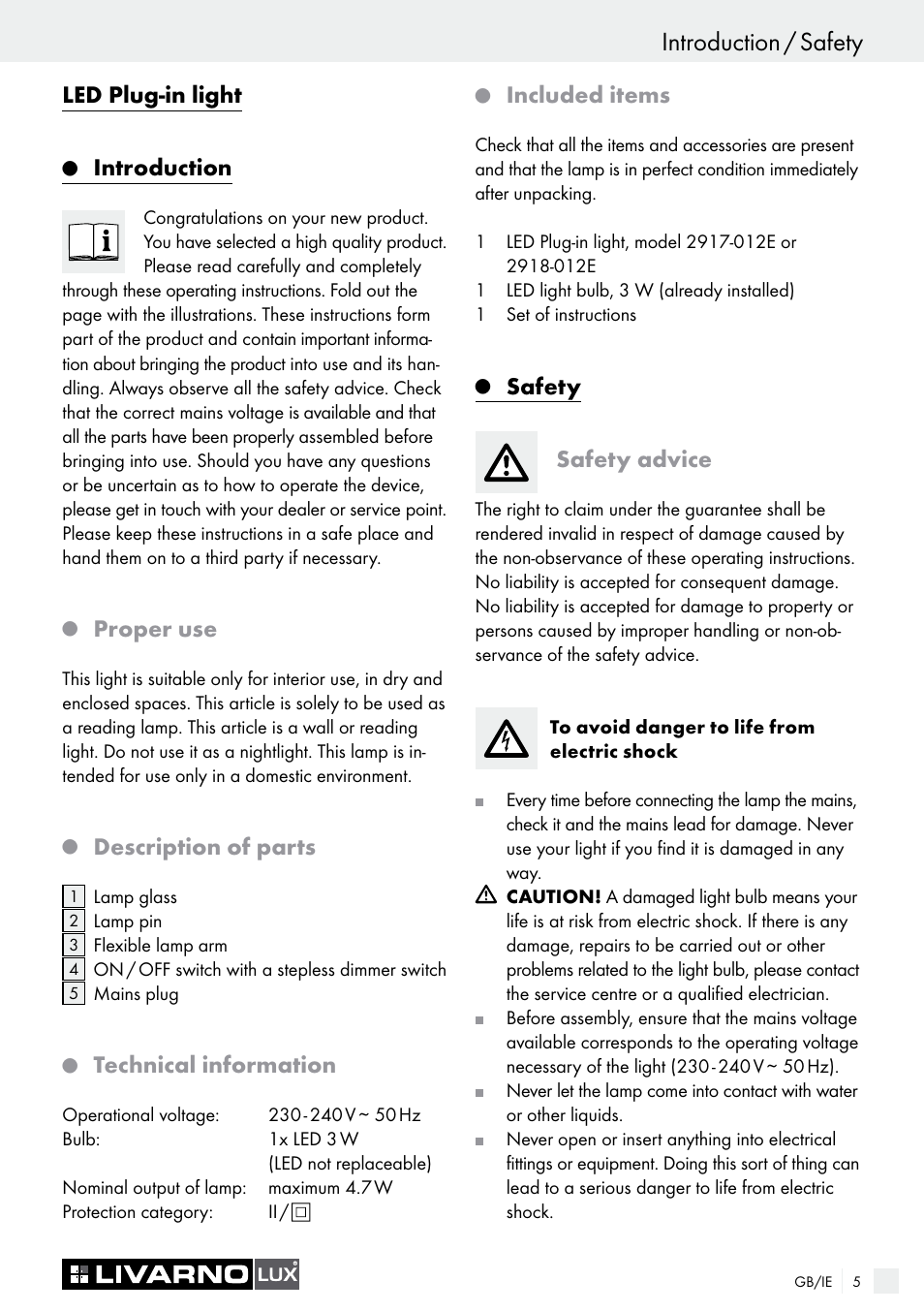 Introduction / safety, Led plug-in light, Introduction | Proper use, Description of parts, Technical information, Included items, Safety safety advice | Livarno LED PLUG-IN LIGHT User Manual | Page 5 / 9