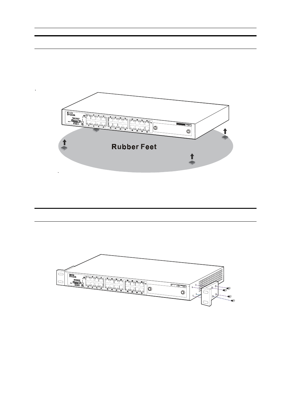 Desktop or shelf installation, Rack installation, Esktop or | Helf, Nstallation | D-Link DES-1218 User Manual | Page 17 / 42