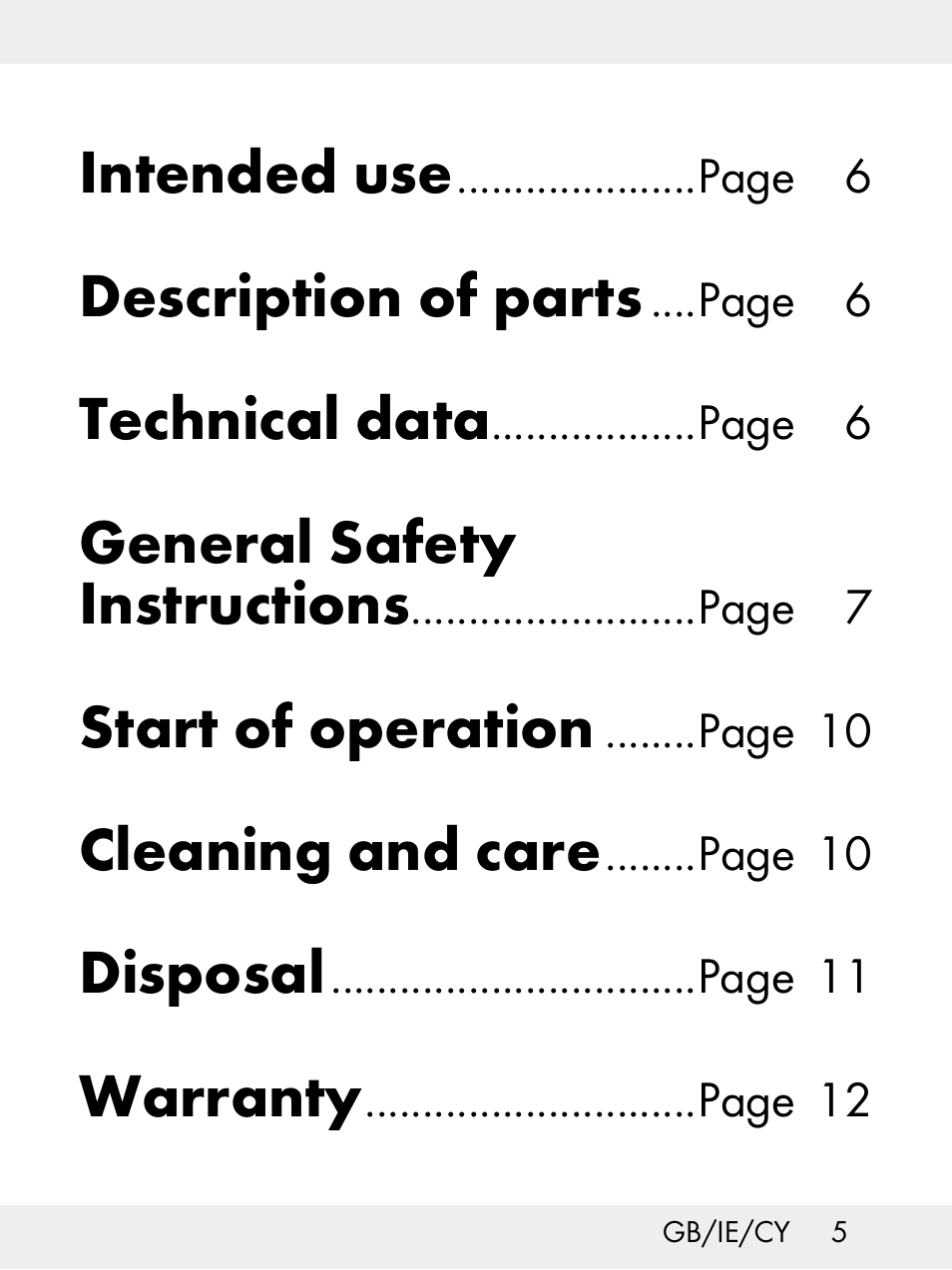 Intended use, Description of parts, Technical data | General safety instructions, Start of operation, Cleaning and care, Disposal, Warranty | Livarno Z31172..-BS User Manual | Page 5 / 27