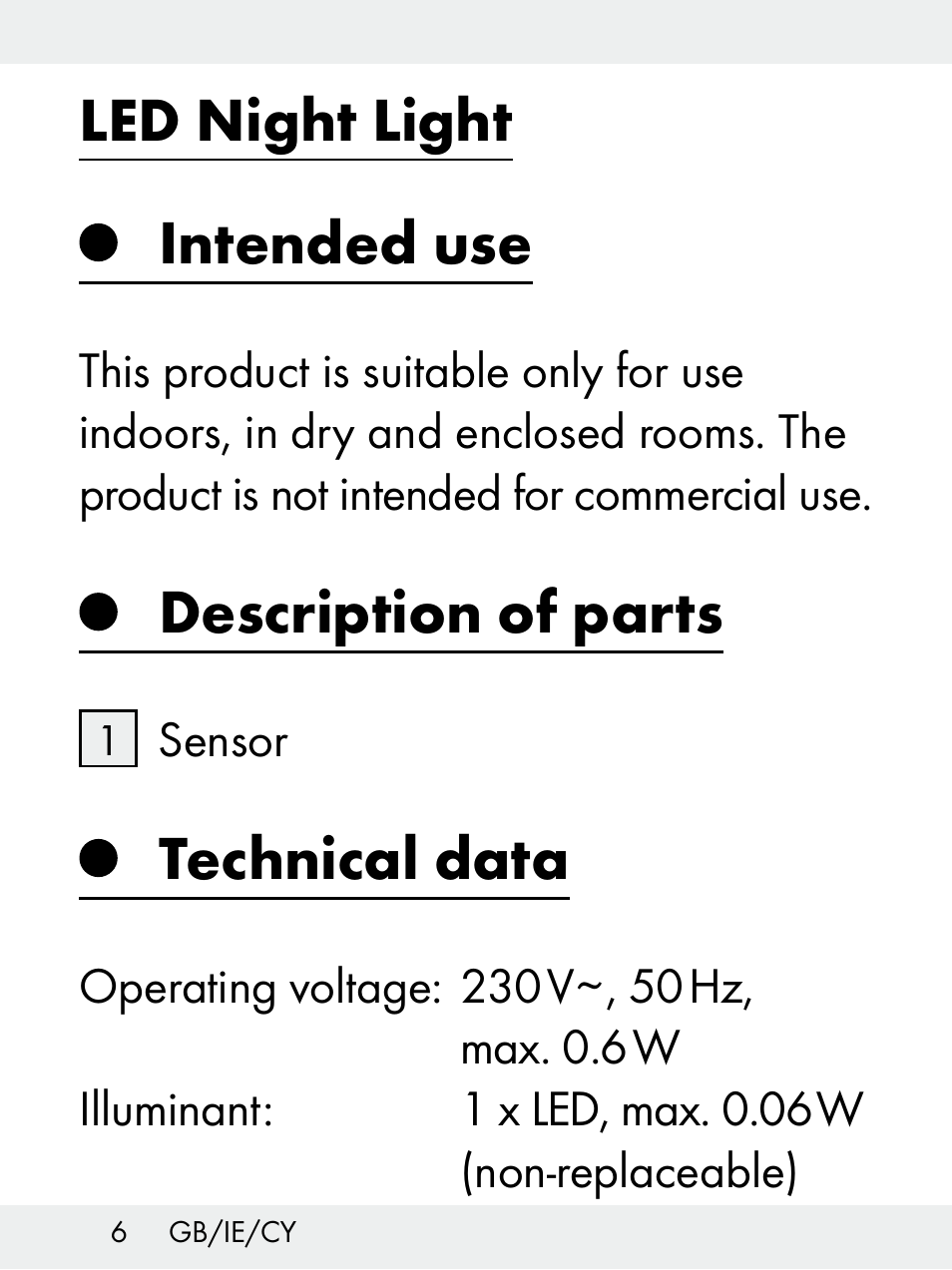 Led night light, Intended use, Description of parts | Technical data | Livarno Z31172..-BS User Manual | Page 6 / 27