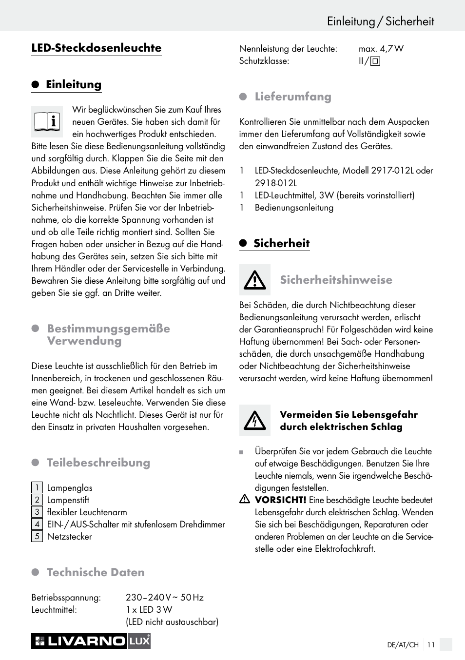 Led-steckdosenleuchte einleitung, Bestimmungsgemäße verwendung, Teilebeschreibung | Technische daten, Lieferumfang, Sicherheit sicherheitshinweise | Livarno LED PLUG-IN LIGHT User Manual | Page 11 / 17