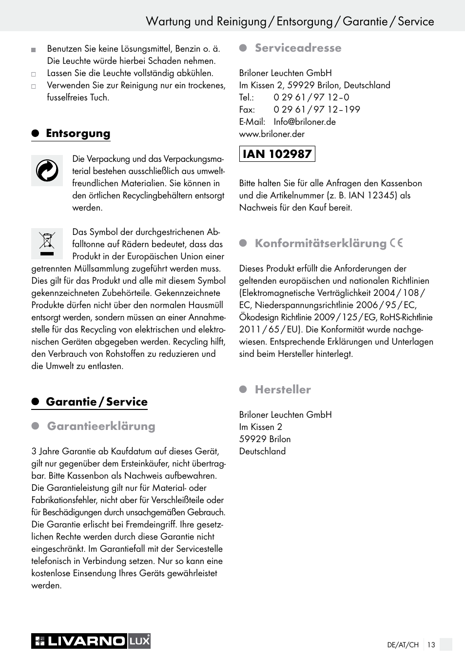 Entsorgung, Garantie / service garantieerklärung, Serviceadresse | Konformitätserklärung, Hersteller | Livarno LED PLUG-IN LIGHT User Manual | Page 13 / 17