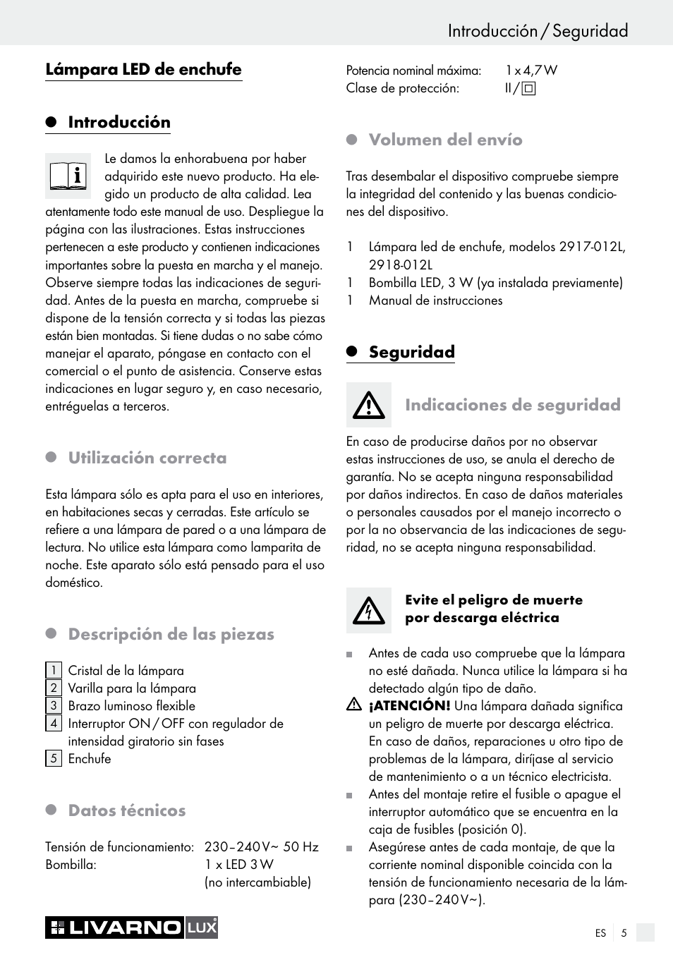 Introducción / seguridad, Lámpara led de enchufe, Introducción | Utilización correcta, Descripción de las piezas, Datos técnicos, Volumen del envío, Seguridad indicaciones de seguridad | Livarno LED PLUG-IN LIGHT User Manual | Page 5 / 17