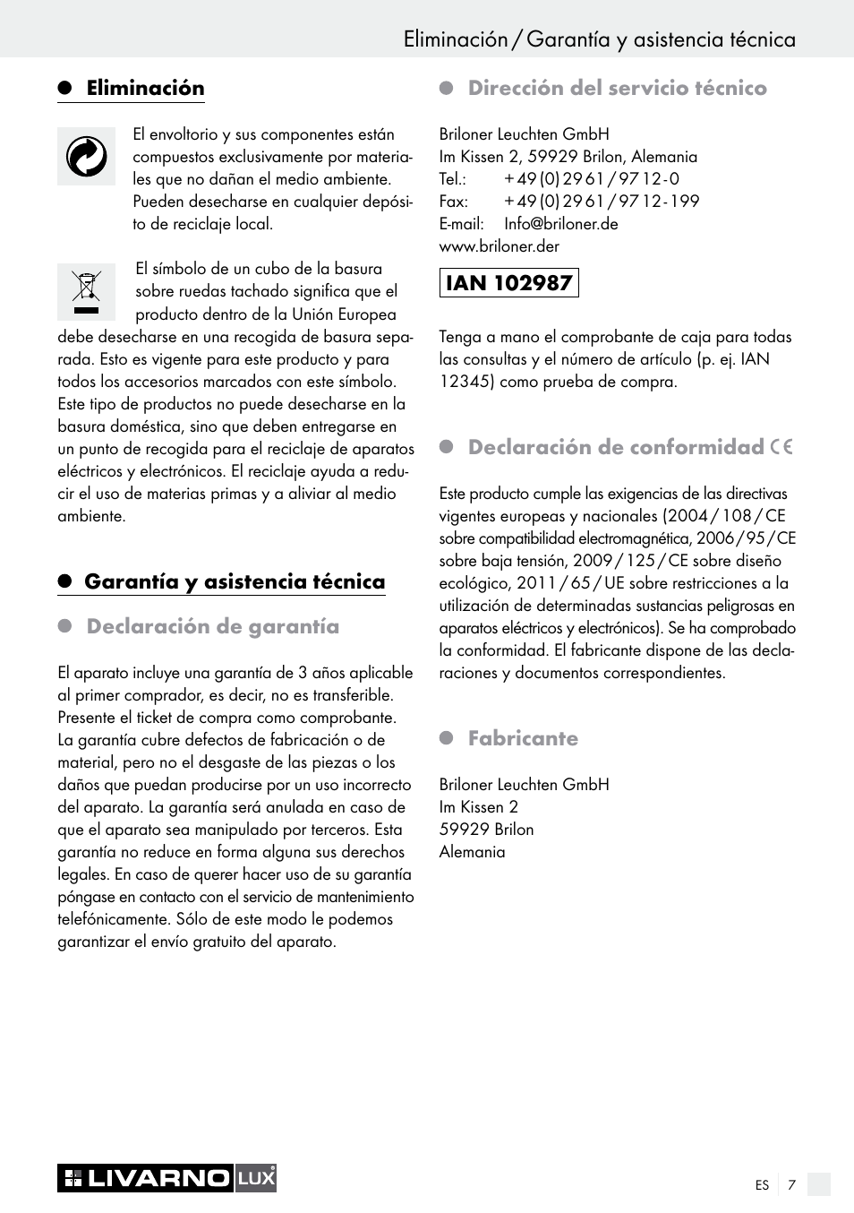 Eliminación / garantía y asistencia técnica | Livarno LED PLUG-IN LIGHT User Manual | Page 7 / 17