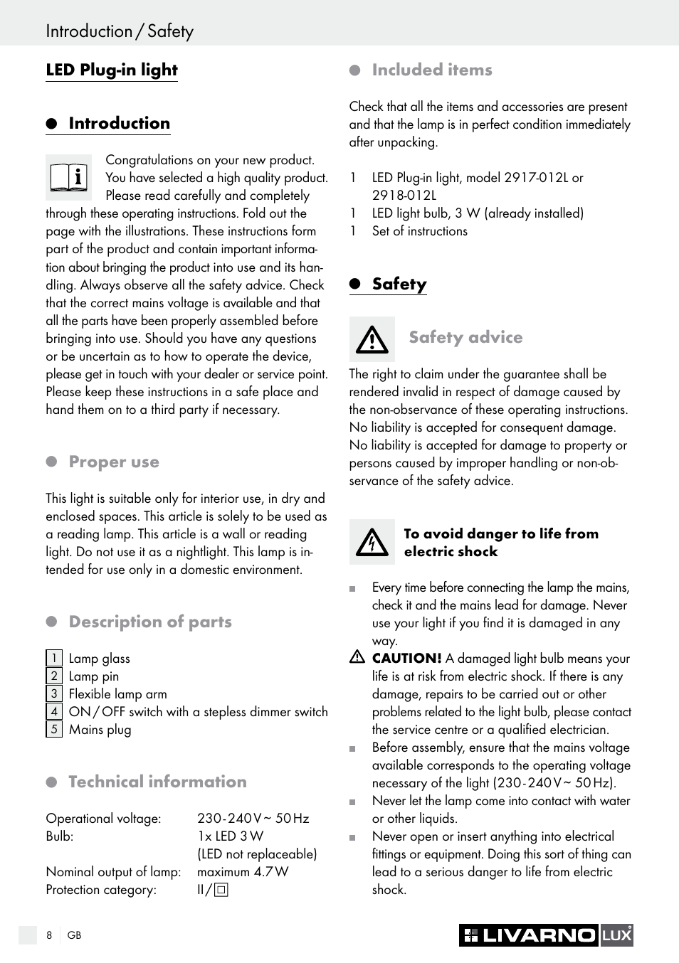 Led plug-in light, Introduction, Proper use | Description of parts, Technical information, Included items, Safety safety advice | Livarno LED PLUG-IN LIGHT User Manual | Page 8 / 17