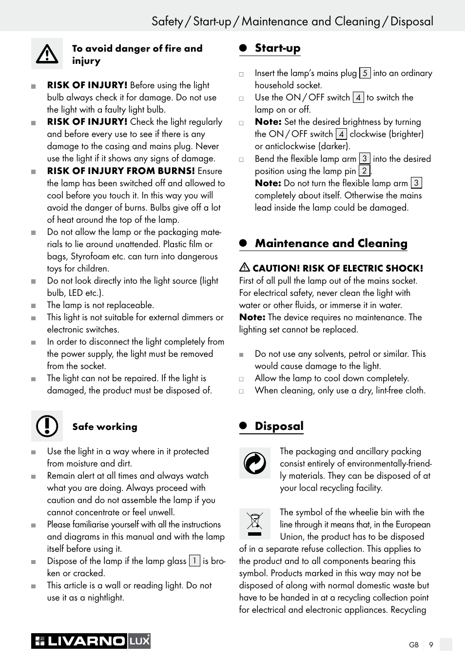 Introduction / safety, Start-up, Maintenance and cleaning | Disposal | Livarno LED PLUG-IN LIGHT User Manual | Page 9 / 17