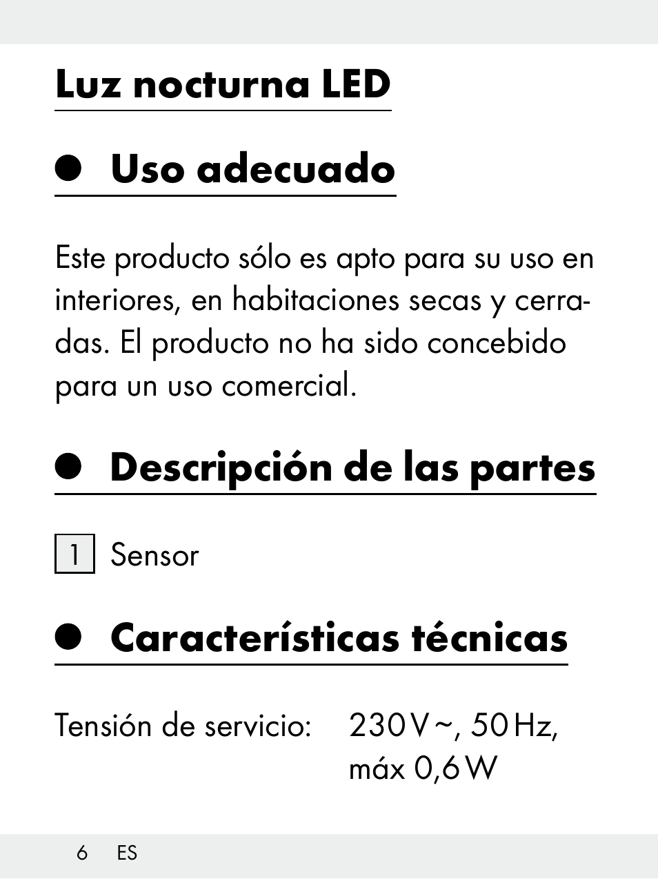 Luz nocturna led uso adecuado, Descripción de las partes, Características técnicas | Livarno Z31172..-BS User Manual | Page 6 / 62