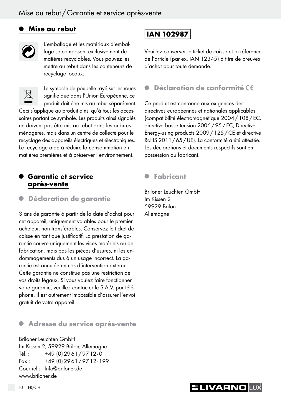 Mise au rebut, Adresse du service après-vente, Déclaration de conformité | Fabricant | Livarno LED PLUG-IN LIGHT User Manual | Page 10 / 17