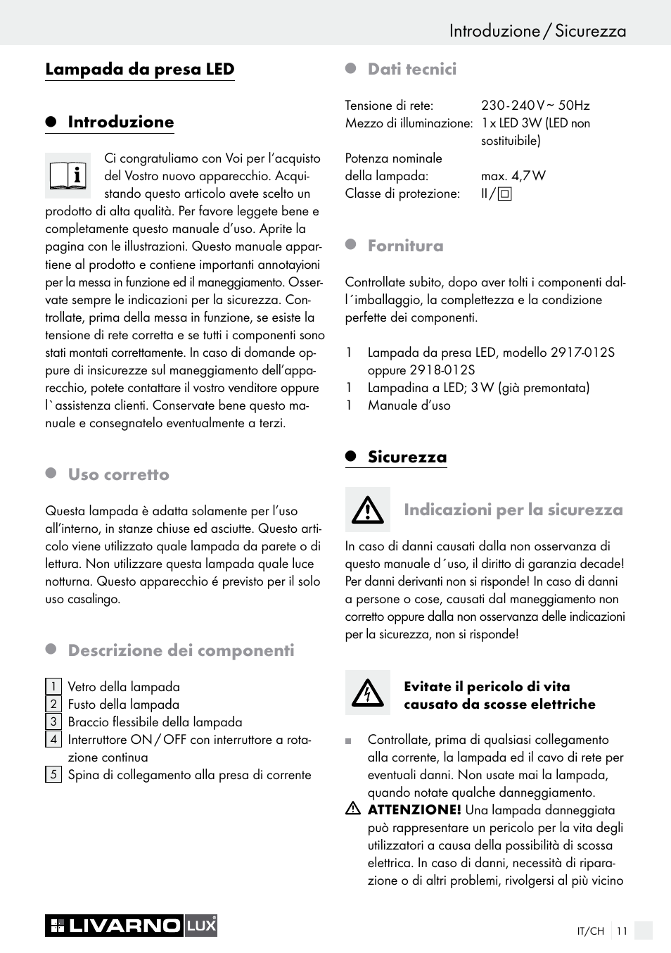 Lampada da presa led, Introduzione, Uso corretto | Descrizione dei componenti, Dati tecnici, Fornitura, Sicurezza indicazioni per la sicurezza | Livarno LED PLUG-IN LIGHT User Manual | Page 11 / 17